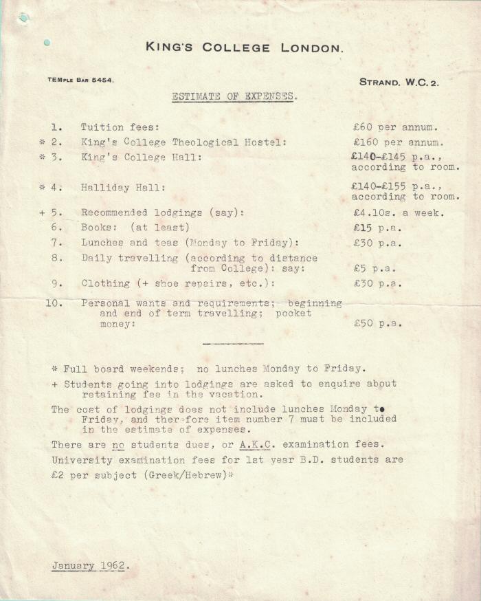 King's College, London - Estimate of Expenses - 1962