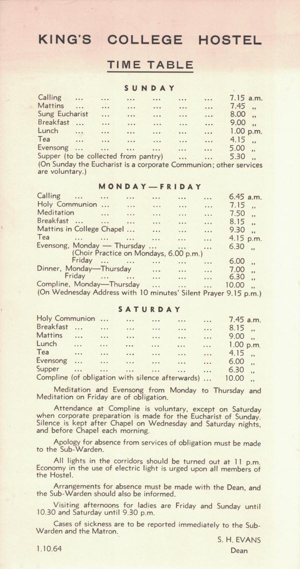 King's College Hostel, Vincent Square - Timetable