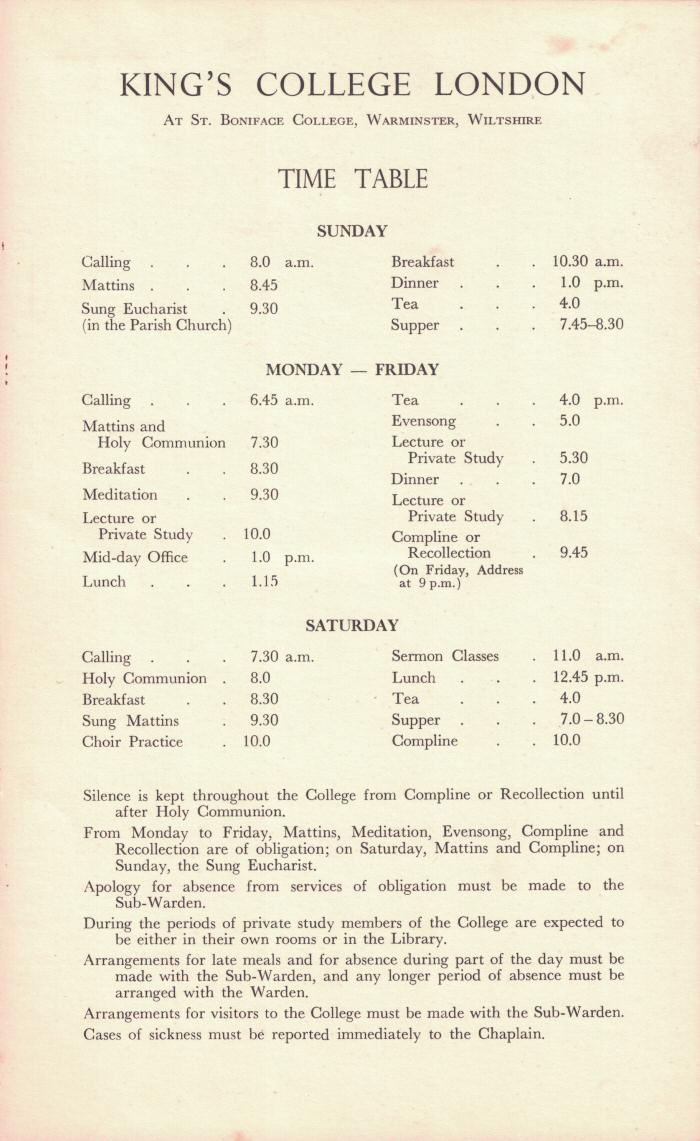 St Boniface College, Warminster - Timetable